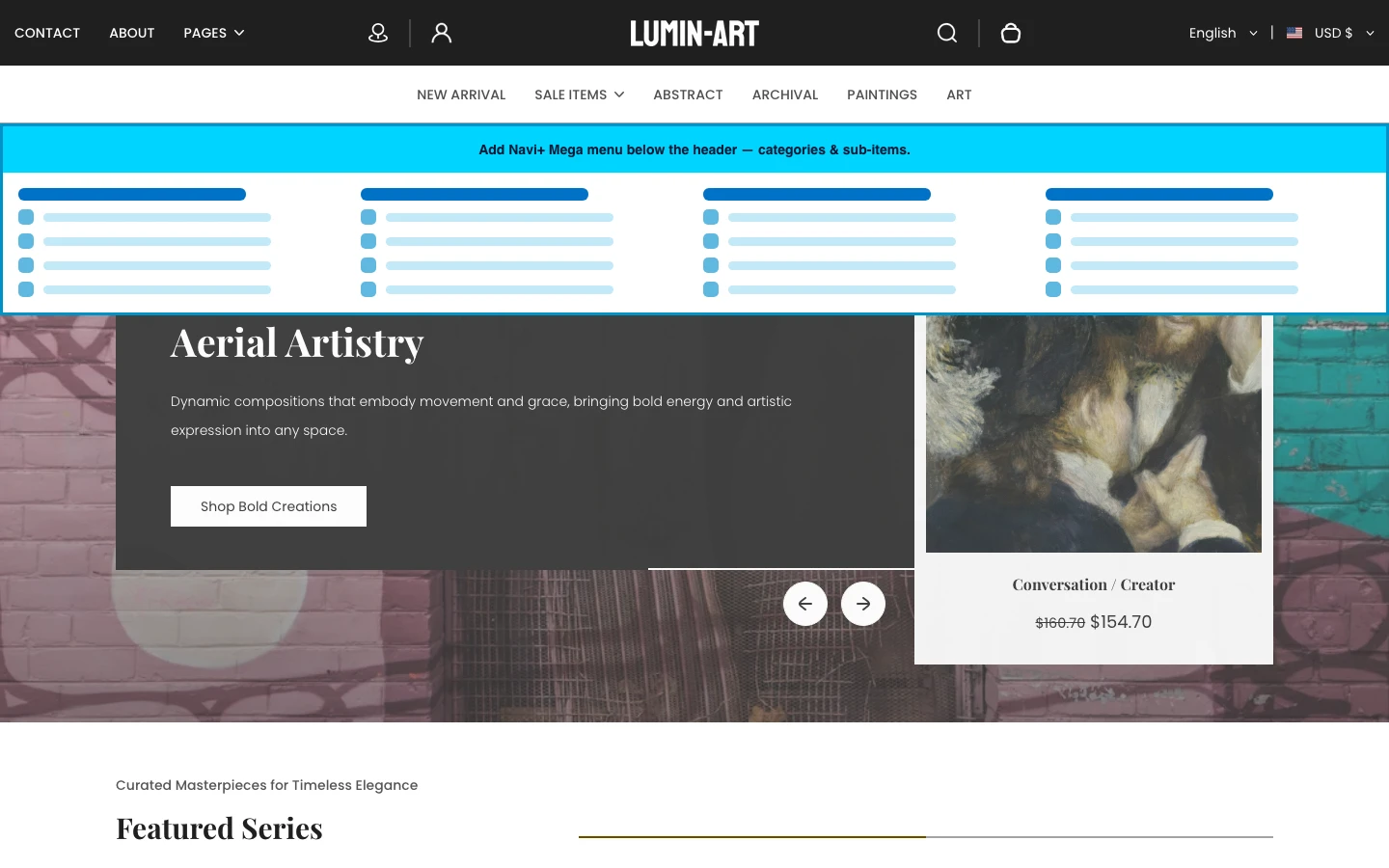 Navi+ Mega Menu inserted below the header on the Lumin Shopify theme Navi+ Mega Menu inserted below the header on the Lumin Shopify theme