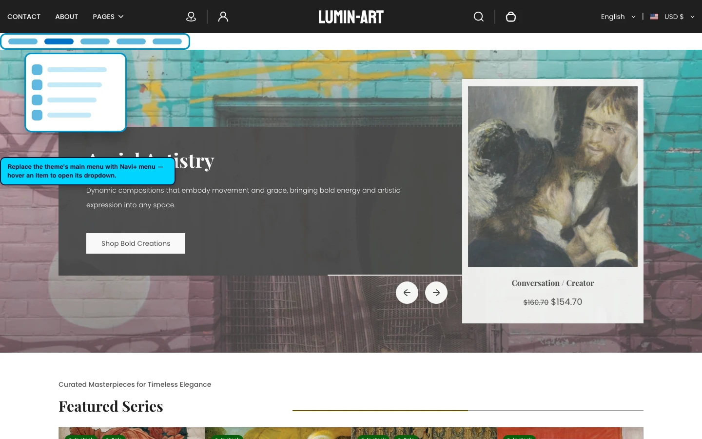 Navi+ Mega Menu replacing the desktop menu on the Lumin Shopify theme Navi+ Mega Menu replacing the desktop menu on the Lumin Shopify theme