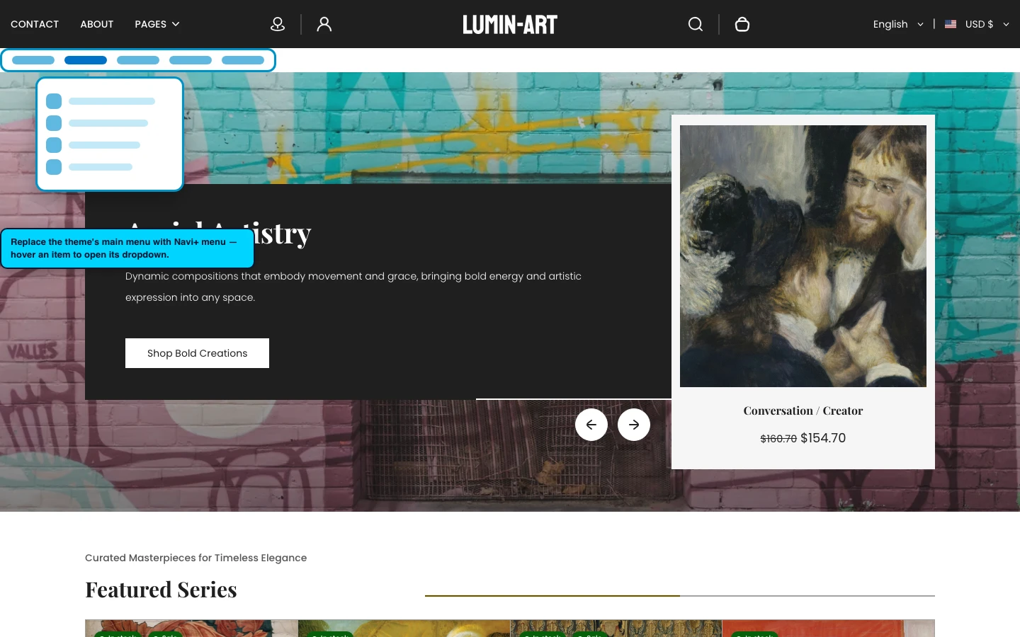 Navi+ Mega Menu replacing the desktop menu on the Lumin Shopify theme Navi+ Mega Menu replacing the desktop menu on the Lumin Shopify theme