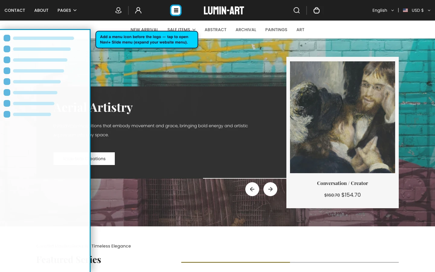 Navi+ trigger icon before the logo on the Lumin Shopify theme Navi+ trigger icon before the logo on the Lumin Shopify theme