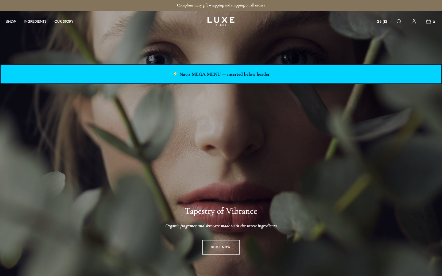 Menu inserted below header — Navi+ on the Luxe Shopify theme Menu inserted below header — Navi+ on the Luxe Shopify theme