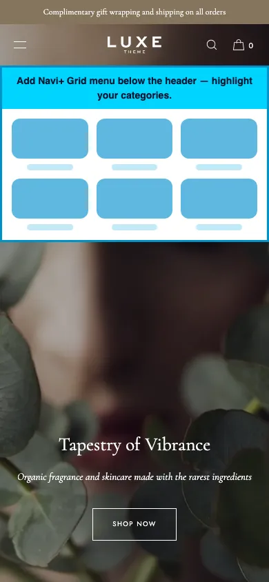 Navi+ Grid Menu on the Luxe Shopify theme Navi+ Grid Menu on the Luxe Shopify theme