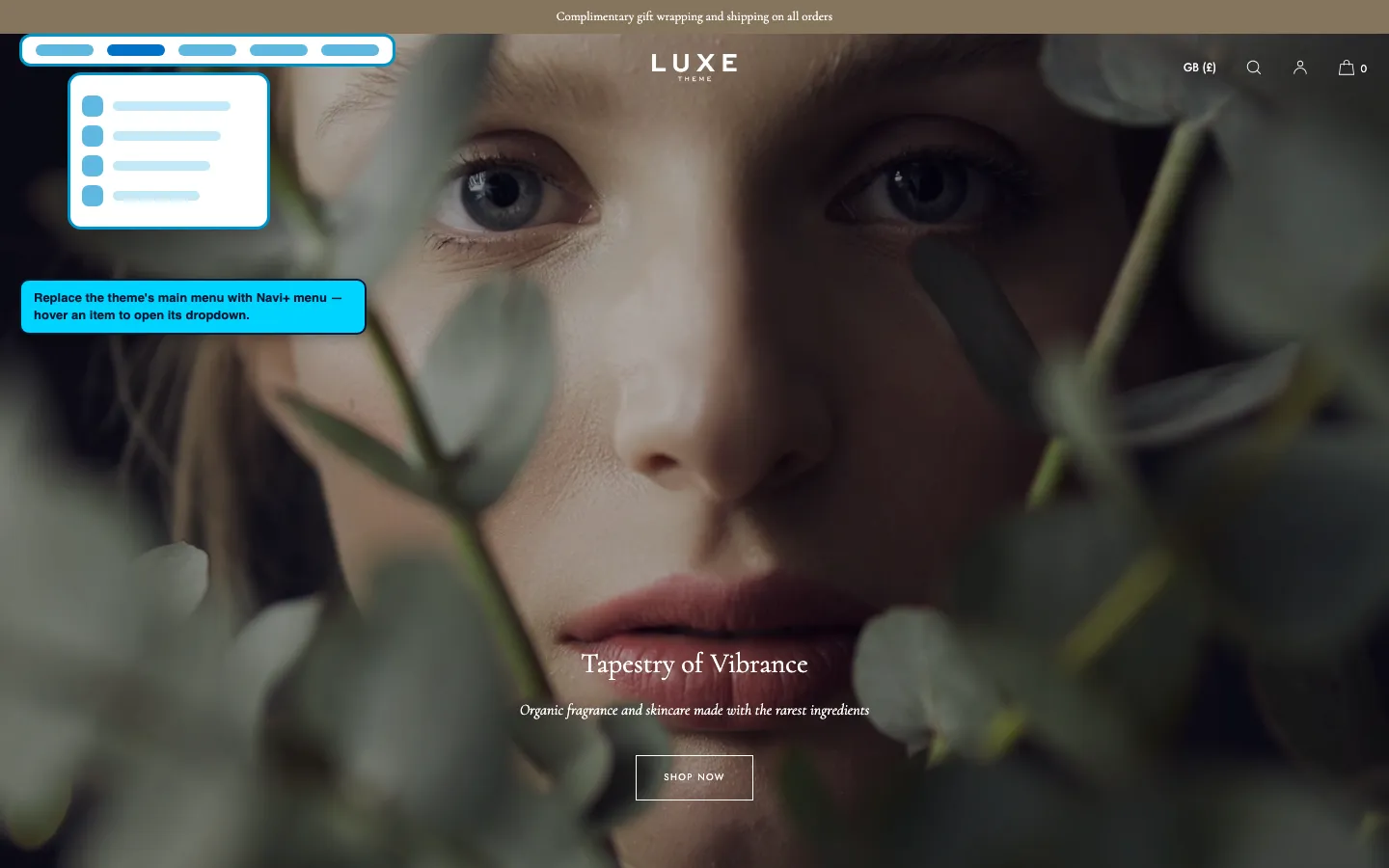 Navi+ Mega Menu replacing the desktop menu on the Luxe Shopify theme