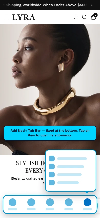 Navi+ Tab Bar on the Lyra Shopify theme Navi+ Tab Bar on the Lyra Shopify theme