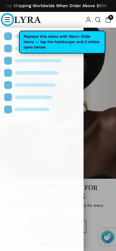 Navi+ Slide Menu on the Lyra Shopify theme Navi+ Slide Menu on the Lyra Shopify theme