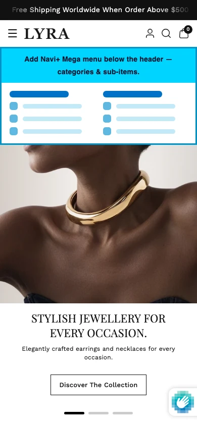 Navi+ mobile Mega Menu on the Lyra Shopify theme Navi+ mobile Mega Menu on the Lyra Shopify theme