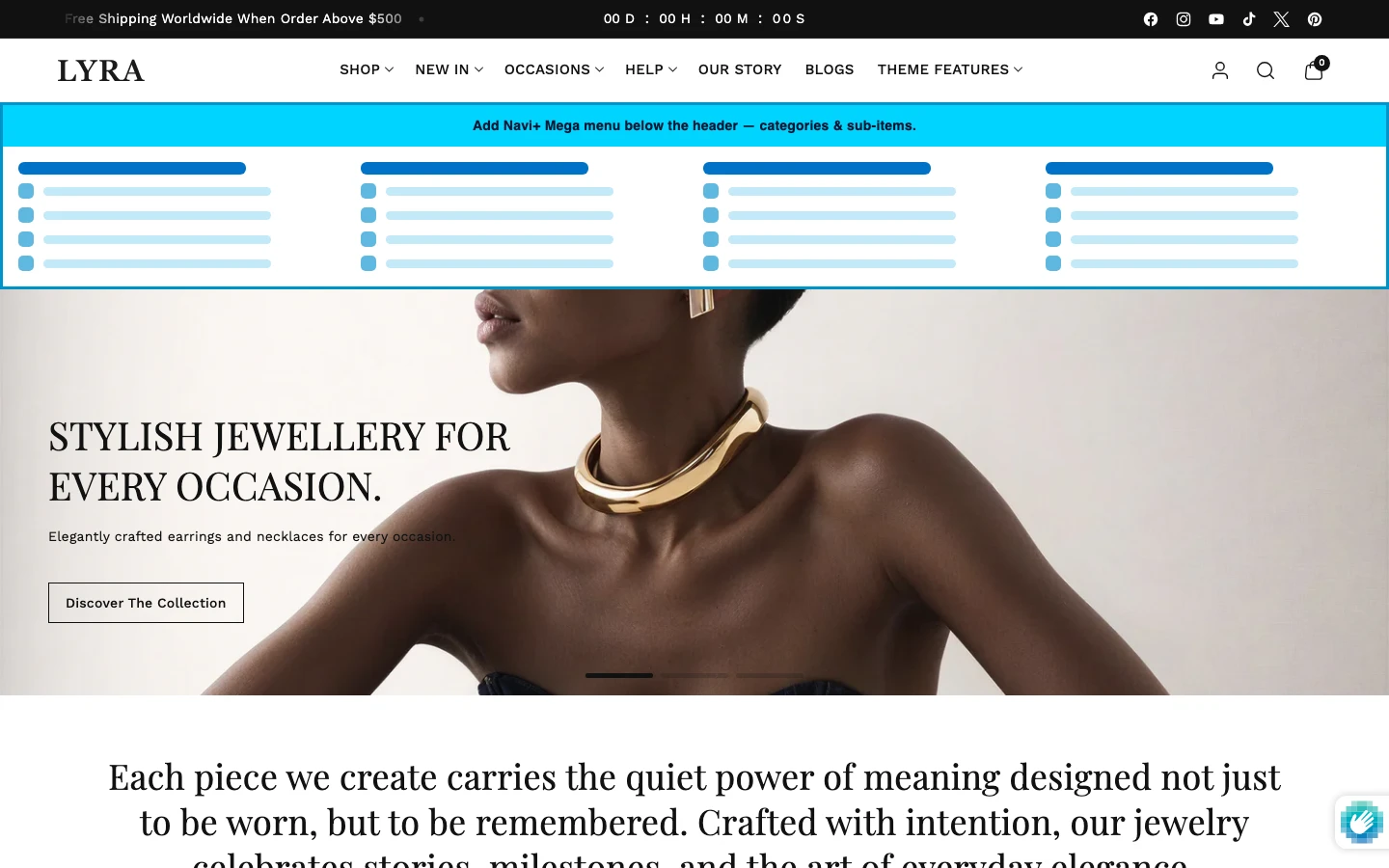 Navi+ Mega Menu inserted below the header on the Lyra Shopify theme Navi+ Mega Menu inserted below the header on the Lyra Shopify theme