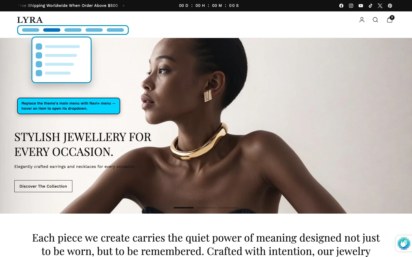 Navi+ Mega Menu replacing the desktop menu on the Lyra Shopify theme Navi+ Mega Menu replacing the desktop menu on the Lyra Shopify theme