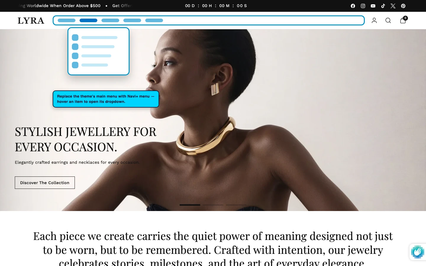 Navi+ Mega Menu replacing the desktop menu on the Lyra Shopify theme Navi+ Mega Menu replacing the desktop menu on the Lyra Shopify theme