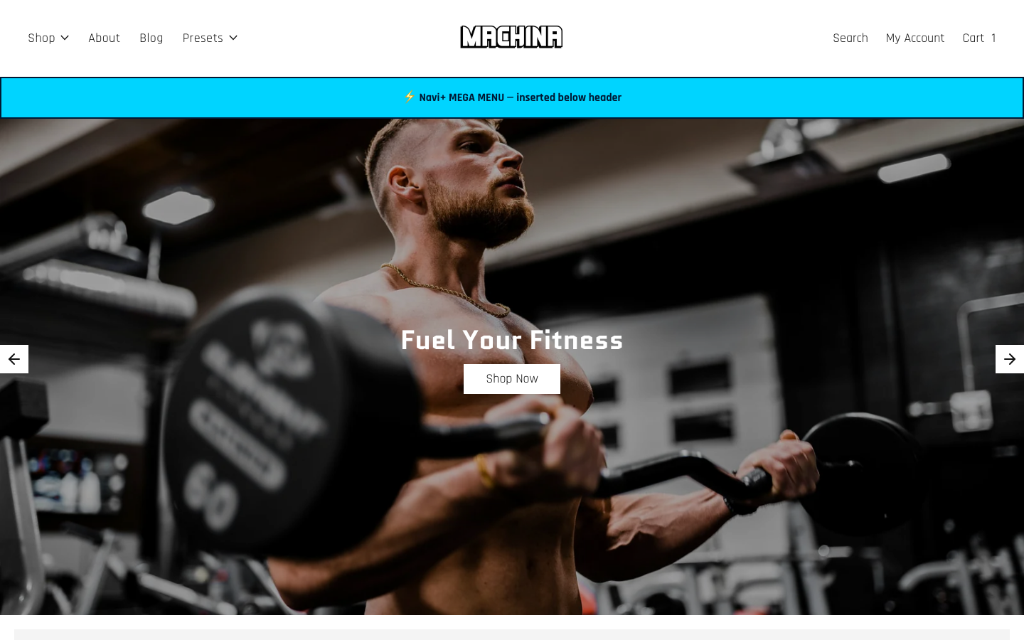 Menu inserted below header — Navi+ on the Machina Shopify theme Menu inserted below header — Navi+ on the Machina Shopify theme