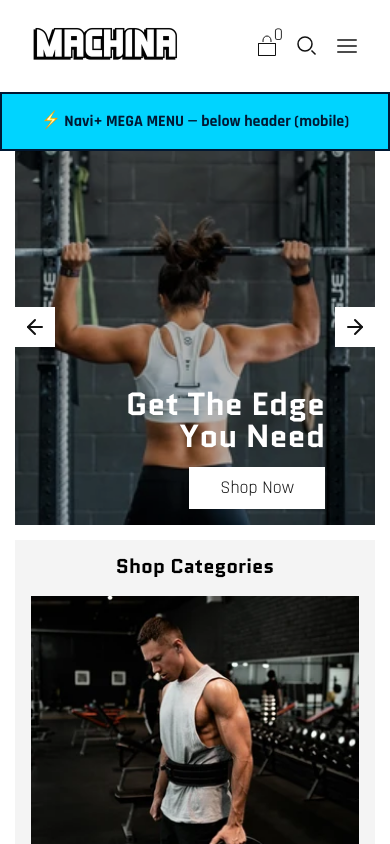Menu inserted below header — Navi+ on the Machina Shopify theme Menu inserted below header — Navi+ on the Machina Shopify theme