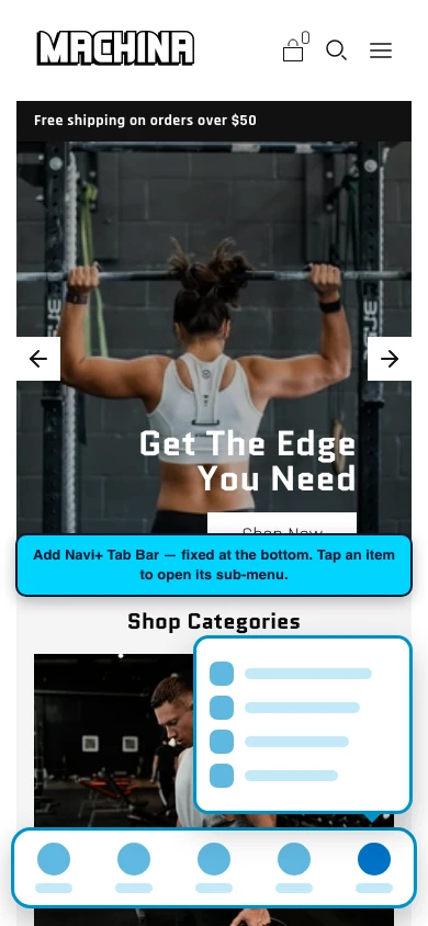Navi+ Tab Bar on the Machina Shopify theme Navi+ Tab Bar on the Machina Shopify theme