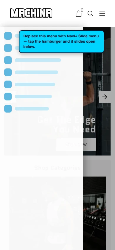 Navi+ Slide Menu on the Machina Shopify theme Navi+ Slide Menu on the Machina Shopify theme