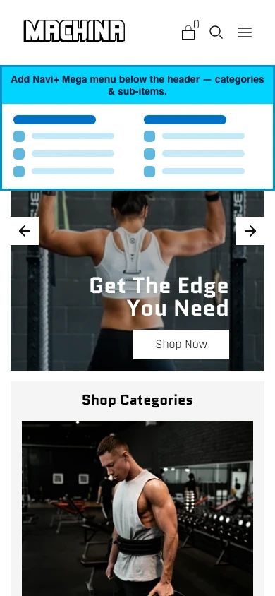 Navi+ mobile Mega Menu on the Machina Shopify theme Navi+ mobile Mega Menu on the Machina Shopify theme