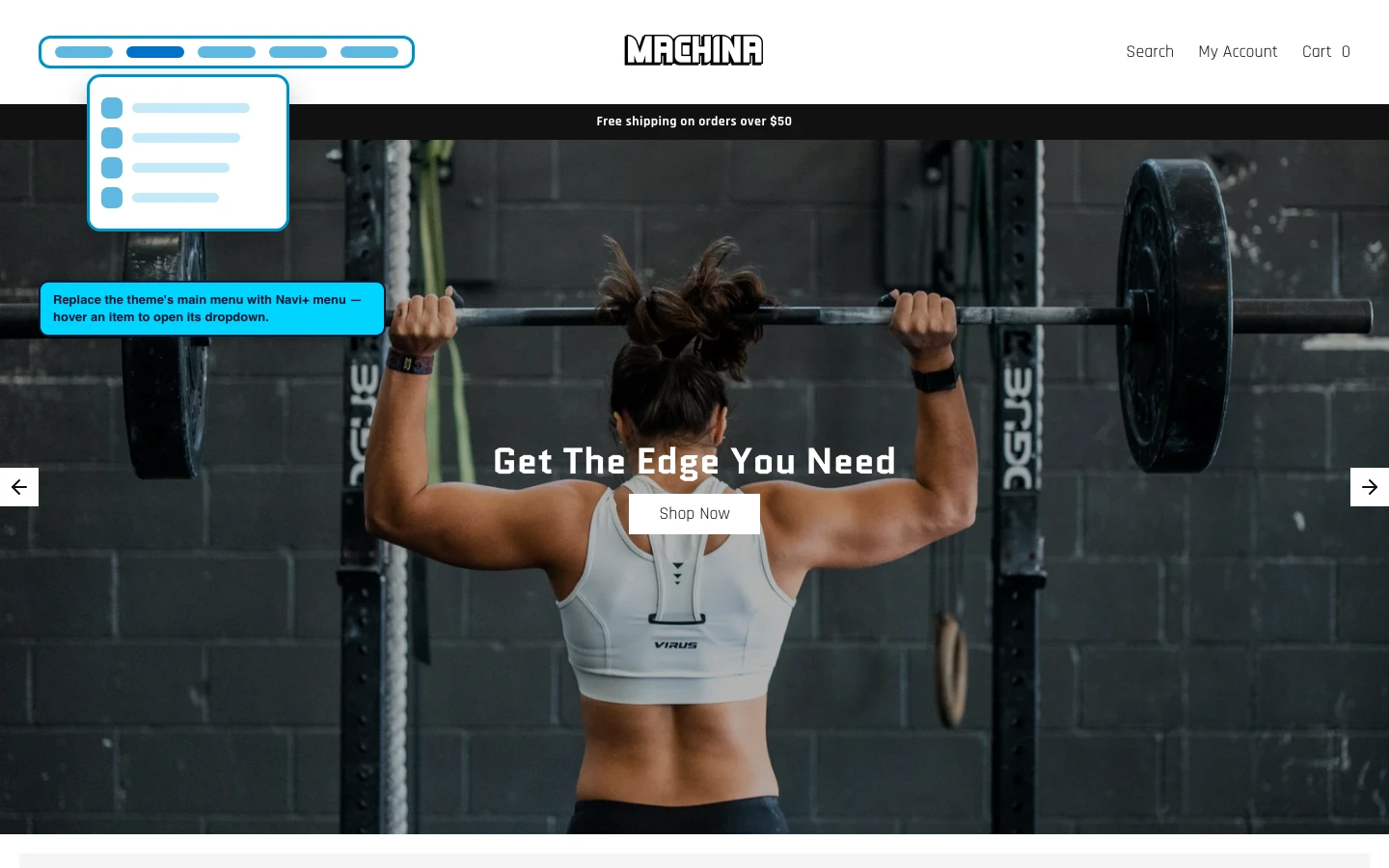 Navi+ Mega Menu replacing the desktop menu on the Machina Shopify theme Navi+ Mega Menu replacing the desktop menu on the Machina Shopify theme