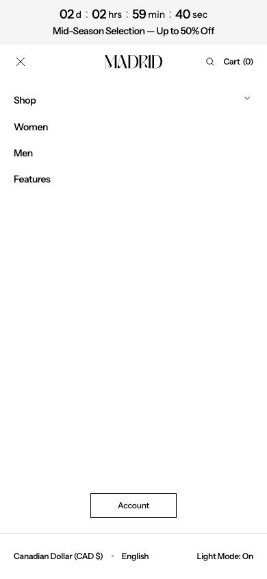 Hamburger → panel opened — Navi+ on the Madrid Shopify theme
