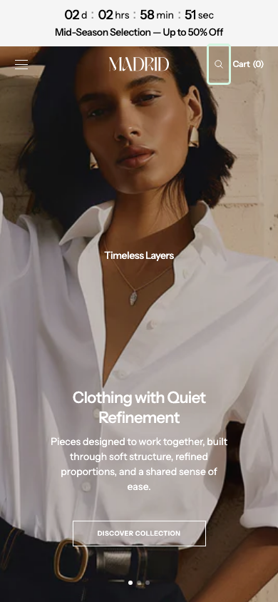 Search → panel opened — Navi+ on the Madrid Shopify theme