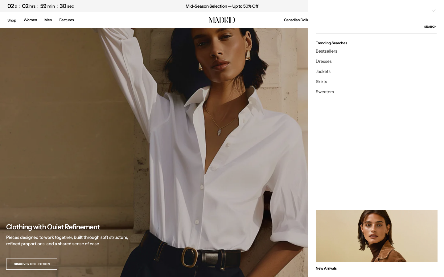 Search → panel opened — Navi+ on the Madrid Shopify theme
