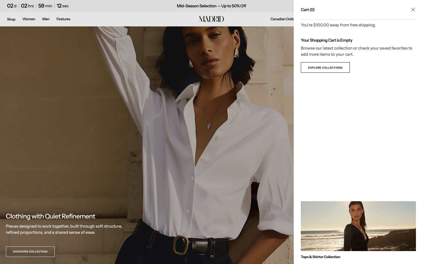 Cart → panel opened — Navi+ on the Madrid Shopify theme