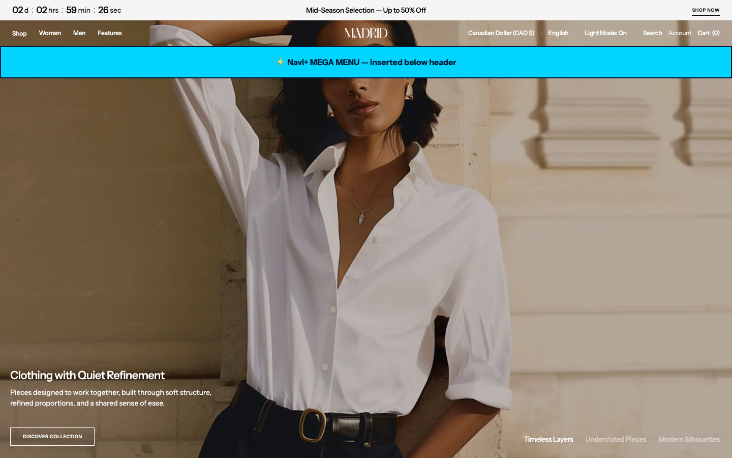 Menu inserted below header — Navi+ on the Madrid Shopify theme