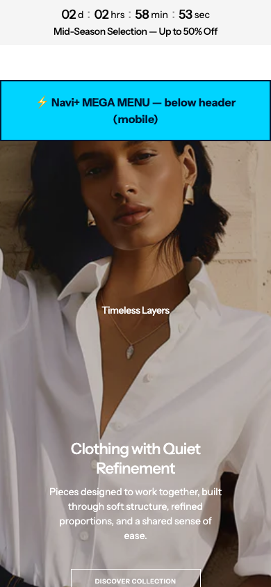 Menu inserted below header — Navi+ on the Madrid Shopify theme