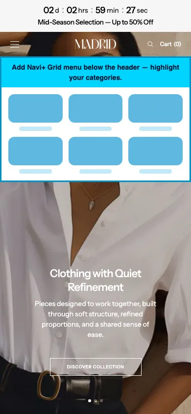 Navi+ Grid Menu on the Madrid Shopify theme Navi+ Grid Menu on the Madrid Shopify theme