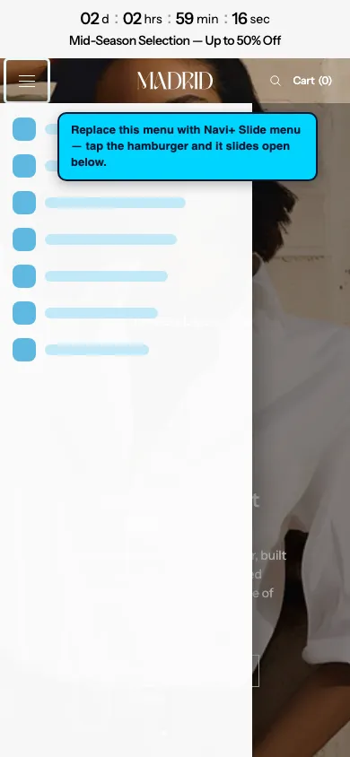 Navi+ Slide Menu on the Madrid Shopify theme Navi+ Slide Menu on the Madrid Shopify theme