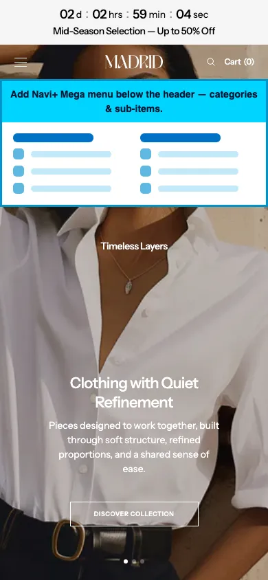 Navi+ mobile Mega Menu on the Madrid Shopify theme Navi+ mobile Mega Menu on the Madrid Shopify theme