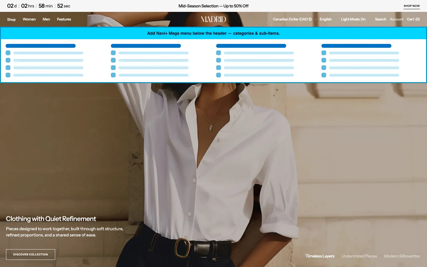 Navi+ Mega Menu inserted below the header on the Madrid Shopify theme Navi+ Mega Menu inserted below the header on the Madrid Shopify theme