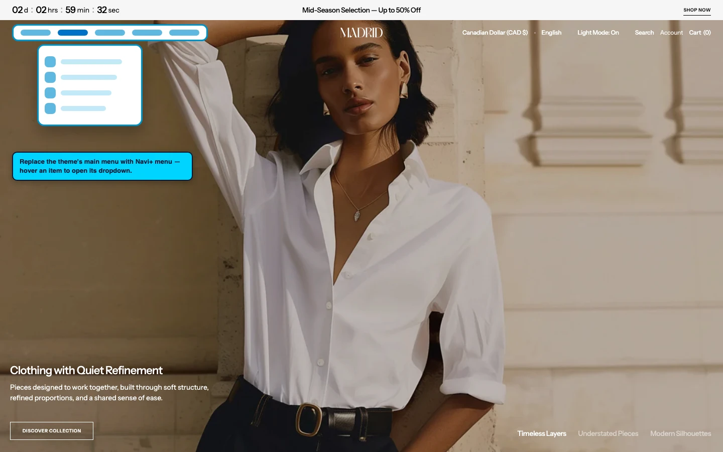 Navi+ Mega Menu replacing the desktop menu on the Madrid Shopify theme Navi+ Mega Menu replacing the desktop menu on the Madrid Shopify theme