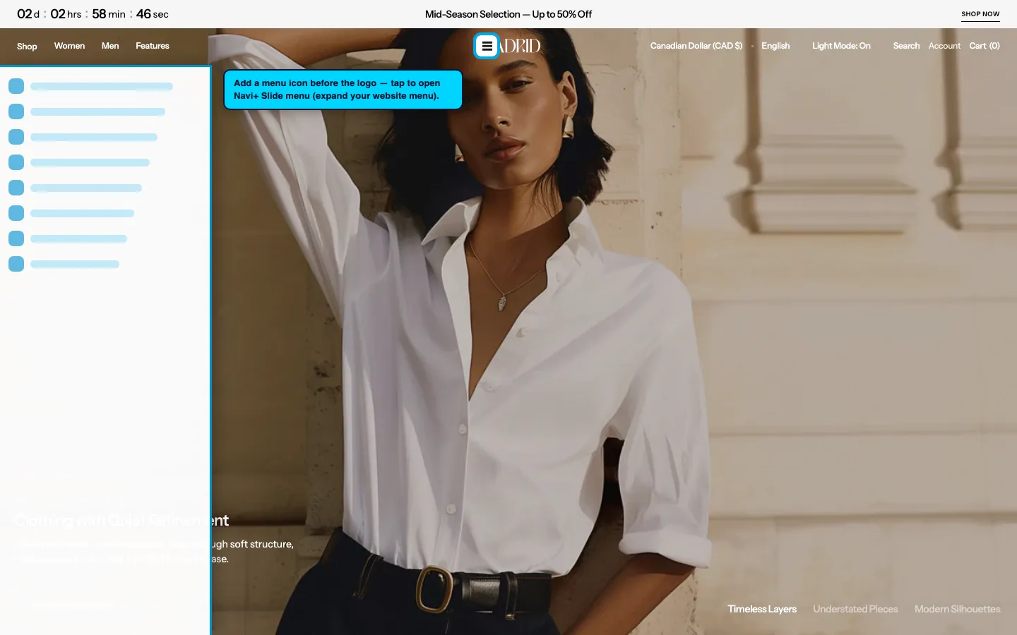 Navi+ trigger icon before the logo on the Madrid Shopify theme Navi+ trigger icon before the logo on the Madrid Shopify theme