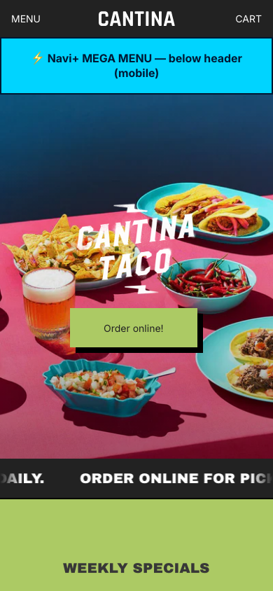 Menu inserted below header — Navi+ on the Maker Shopify theme Menu inserted below header — Navi+ on the Maker Shopify theme