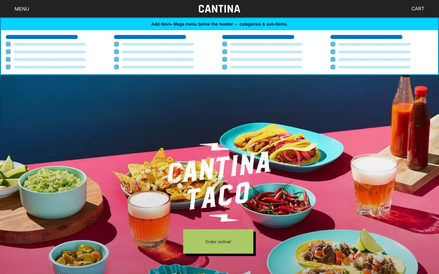 Navi+ Mega Menu inserted below the header on the Maker Shopify theme Navi+ Mega Menu inserted below the header on the Maker Shopify theme
