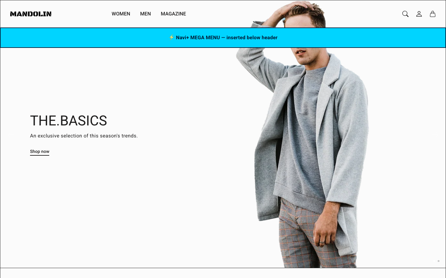 Menu inserted below header — Navi+ on the Mandolin Shopify theme Menu inserted below header — Navi+ on the Mandolin Shopify theme