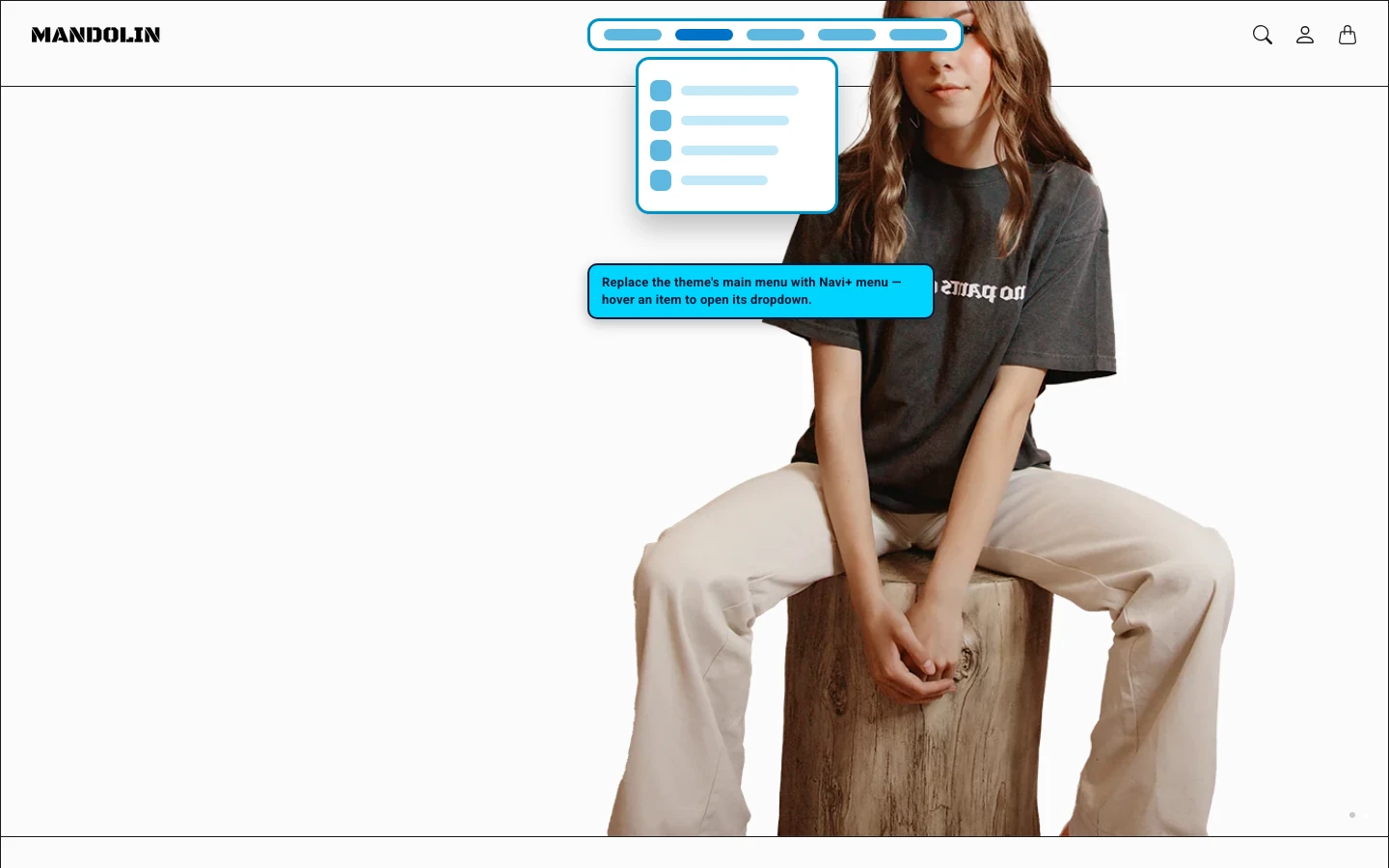 Navi+ Mega Menu replacing the desktop menu on the Mandolin Shopify theme