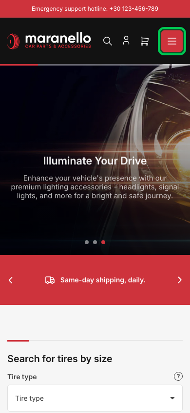 Hamburger → panel opened — Navi+ on the Maranello Shopify theme Hamburger → panel opened — Navi+ on the Maranello Shopify theme