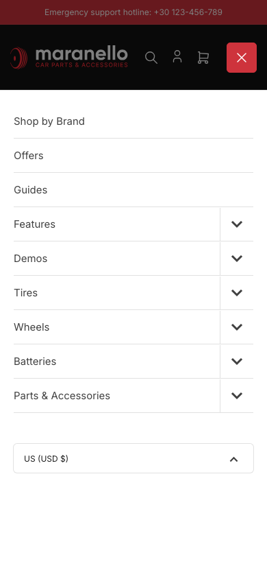 Hamburger → panel opened — Navi+ on the Maranello Shopify theme Hamburger → panel opened — Navi+ on the Maranello Shopify theme