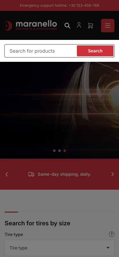 Search → panel opened — Navi+ on the Maranello Shopify theme Search → panel opened — Navi+ on the Maranello Shopify theme