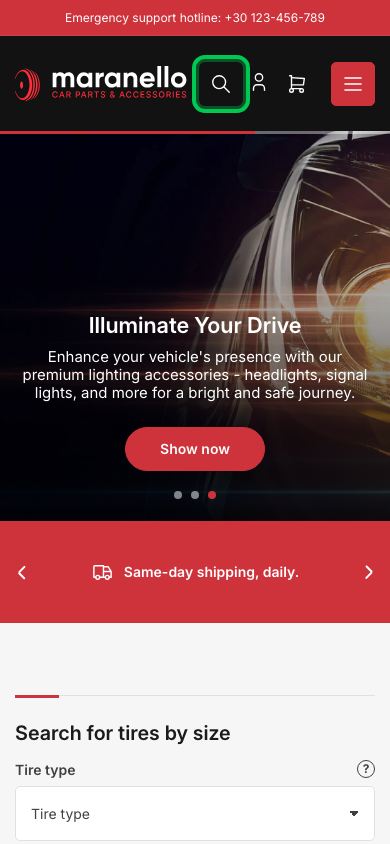 Search → panel opened — Navi+ on the Maranello Shopify theme Search → panel opened — Navi+ on the Maranello Shopify theme