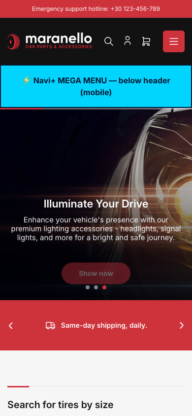 Menu inserted below header — Navi+ on the Maranello Shopify theme Menu inserted below header — Navi+ on the Maranello Shopify theme
