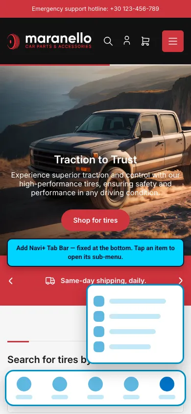 Navi+ Tab Bar on the Maranello Shopify theme