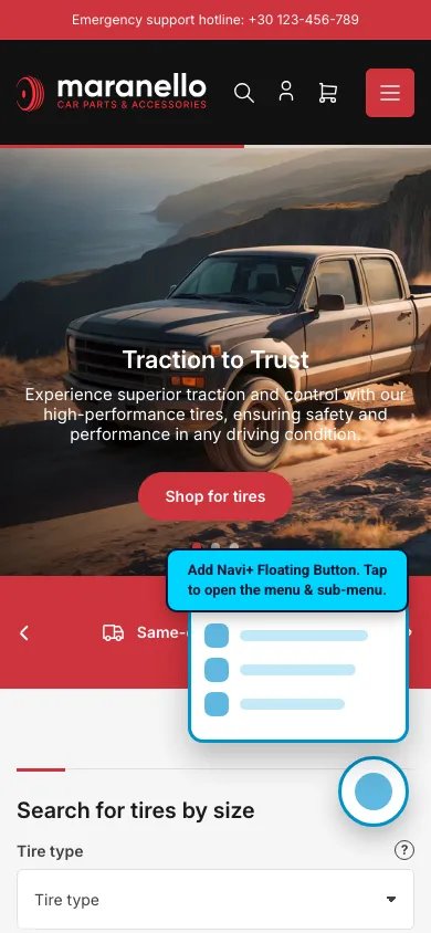 Navi+ FAB on the Maranello Shopify theme