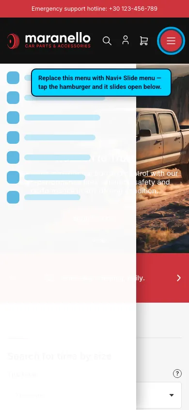 Navi+ Slide Menu on the Maranello Shopify theme