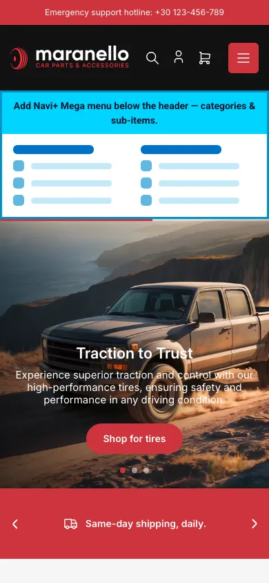 Navi+ mobile Mega Menu on the Maranello Shopify theme