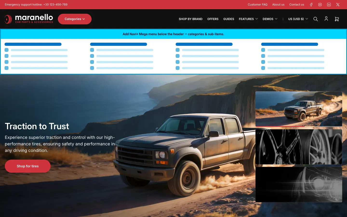 Navi+ Mega Menu inserted below the header on the Maranello Shopify theme