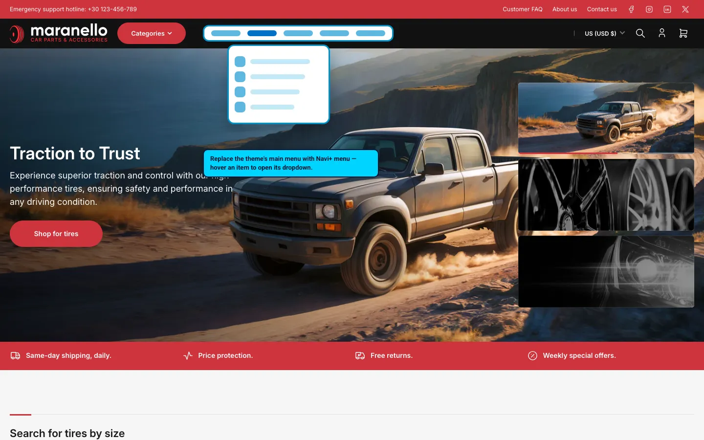 Navi+ Mega Menu replacing the desktop menu on the Maranello Shopify theme