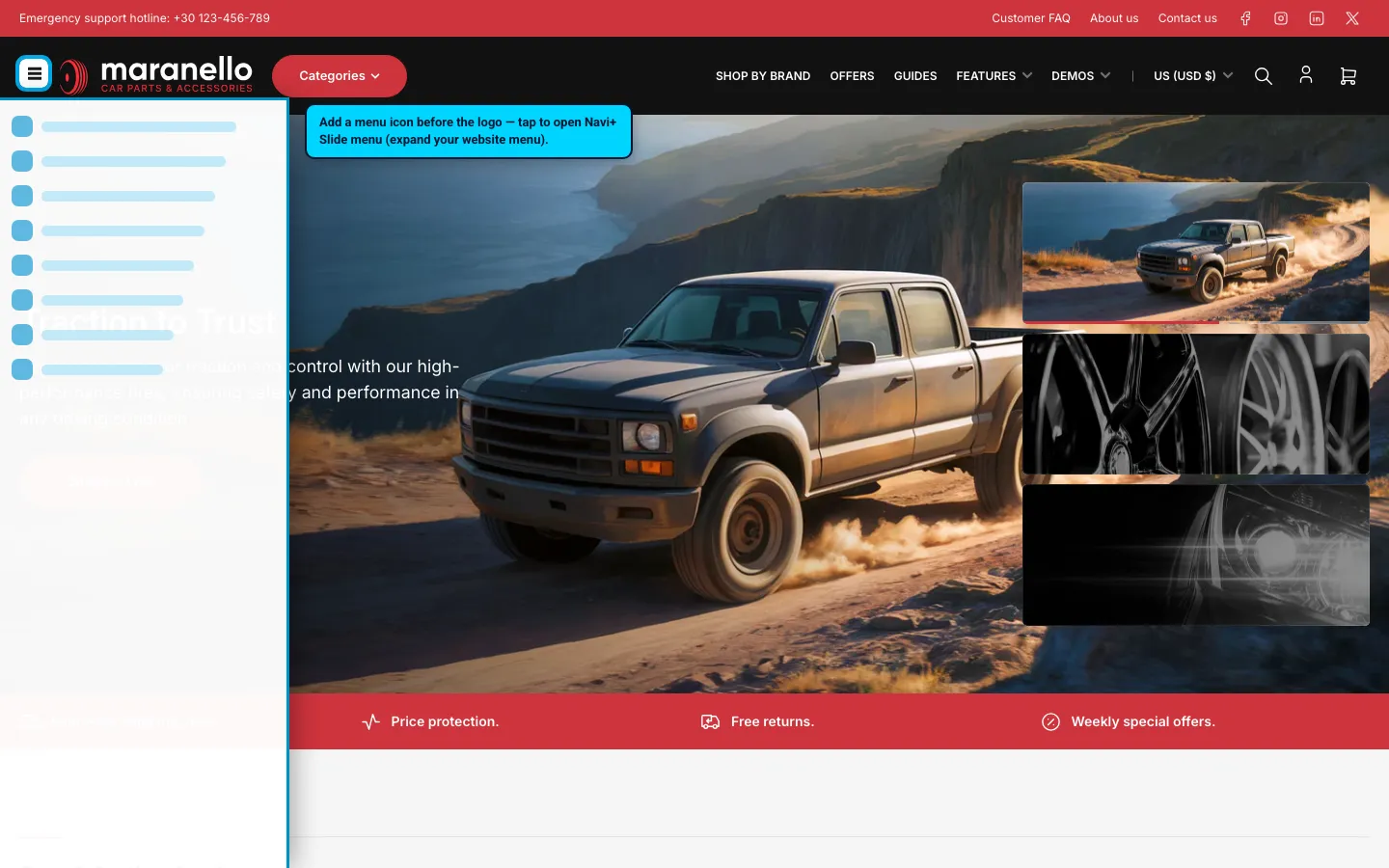 Navi+ trigger icon before the logo on the Maranello Shopify theme