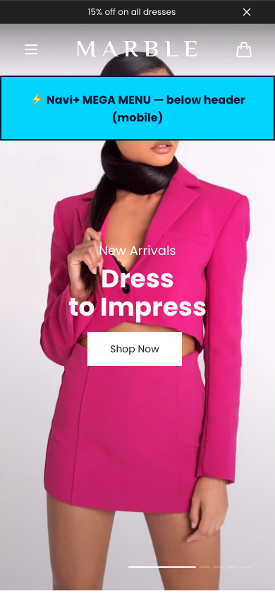 Menu inserted below header — Navi+ on the Marble Shopify theme Menu inserted below header — Navi+ on the Marble Shopify theme