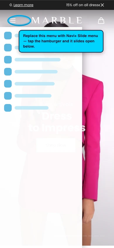 Navi+ Slide Menu on the Marble Shopify theme Navi+ Slide Menu on the Marble Shopify theme