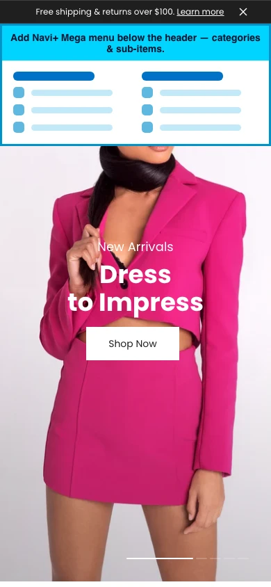 Navi+ mobile Mega Menu on the Marble Shopify theme Navi+ mobile Mega Menu on the Marble Shopify theme